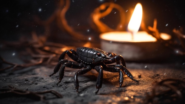 A black scorpion sits on a stone surface next to a candle.