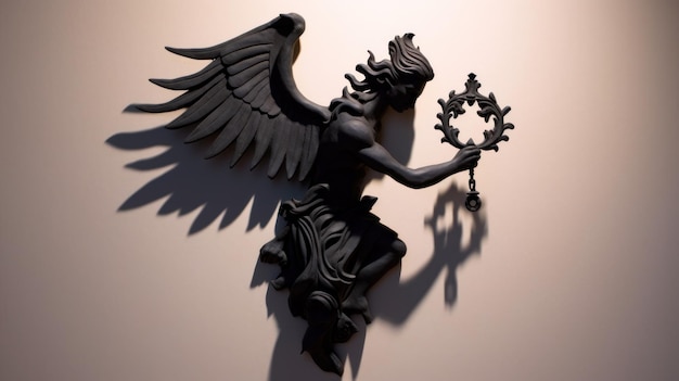 Photo a black sculpted angel with wings outstretched holding a wreath and key casts a shadow on a pale wall