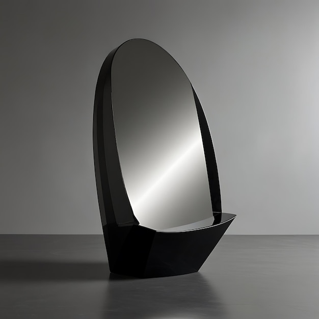 a black sculpture with a circle on it is on a grey background