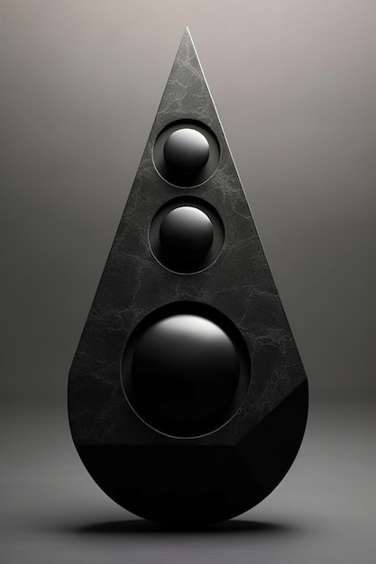 A black sculpture with three black balls on it