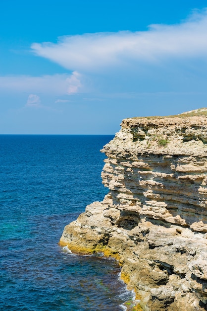 Black sea and Sandstone rocks view from top of hills in Crimea