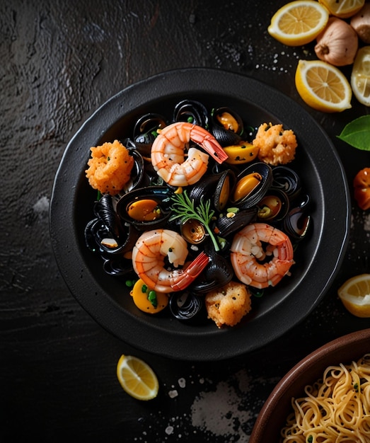 Black seafood pasta with shrimp Octopus and mussels