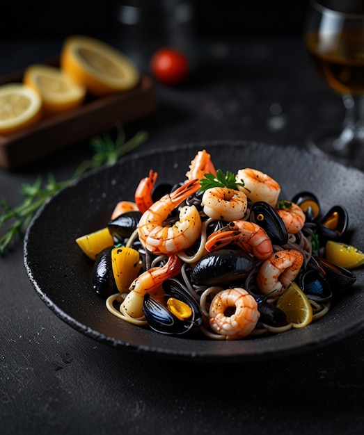 Black seafood pasta with shrimp Octopus and mussels