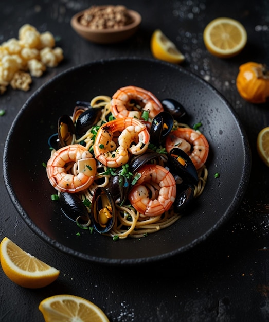 Black seafood pasta with shrimp Octopus and mussels