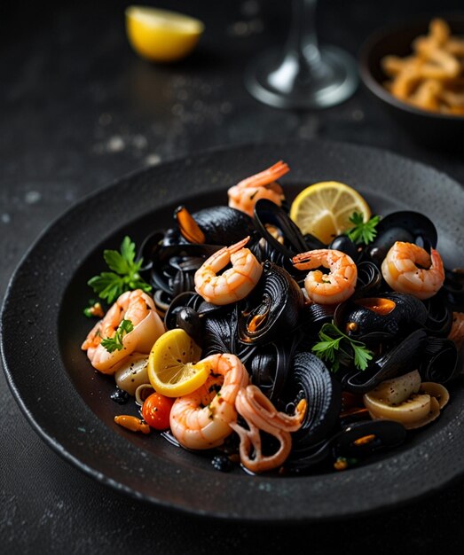 Black seafood pasta with shrimp Octopus and mussels