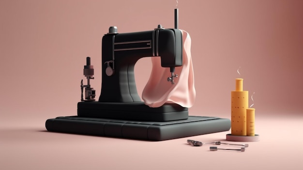 A black sewing machine with a pink cloth on it.