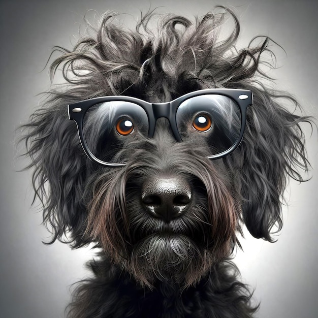 A black shaggy dog wearing glasses with a smart intelligent expression on his face