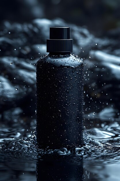 Photo black shampoo bottle in water with splash effect