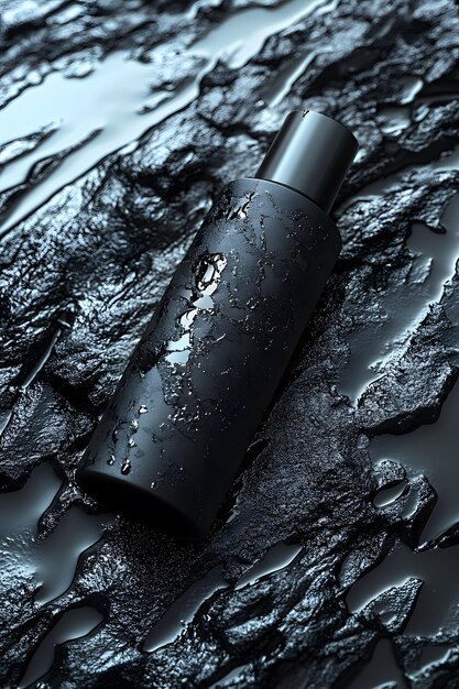 Photo black shampoo bottle in water with splash effect