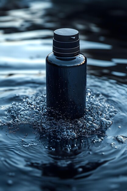 Photo black shampoo bottle in water with splash effect