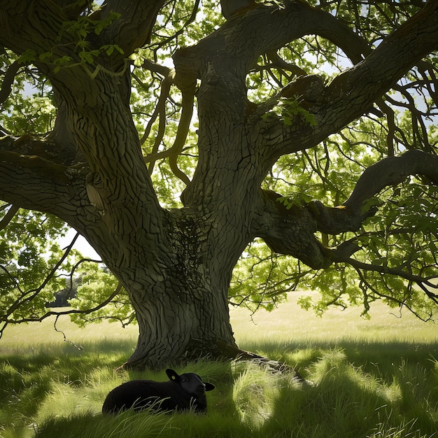 Photo black sheep resting under a large oak tree