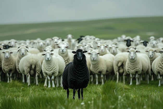 a black sheep stands in a field with a herd of sheep