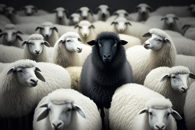 A black sheep stands in a group of white sheep.