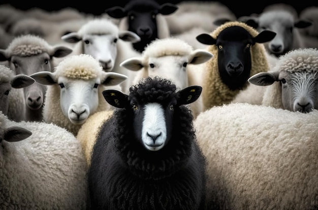 A black sheep surround with normal white sheep metaphor to be outstanding or unique