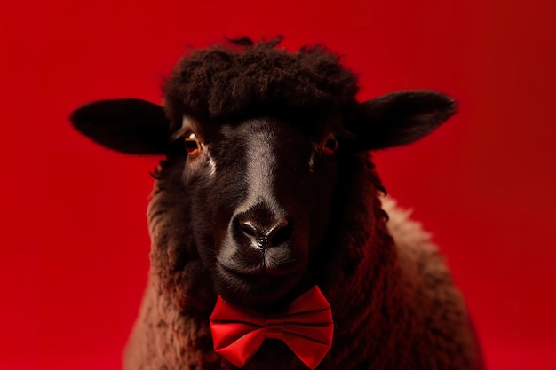 A black sheep with a red bow tie on it