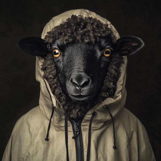 Photo a black sheep with a yellow hood that says  sheep