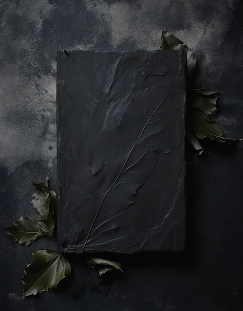 Black sheet of paper with green leaves on black background top view