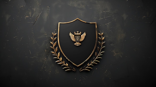 A black shield with a golden laurel wreath and crown on a textured dark background