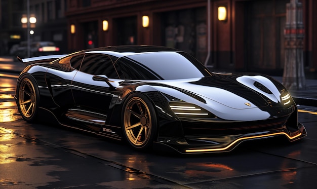 A black shiny Porsche with golden rims in cyberpunk design