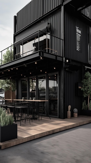 Black shipping container house with a wooden deck and tables