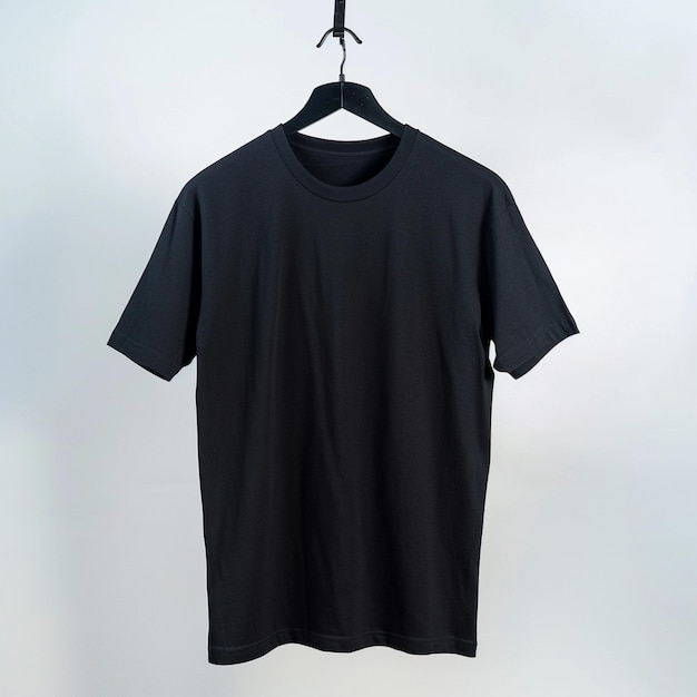 a black shirt hanging on a hanger with a white background