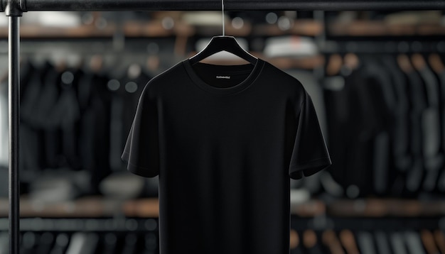 a black shirt hanging on a rack with the word t on it