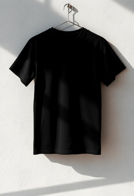 a black shirt hanging on a wall with the word quot t shirt quot on it