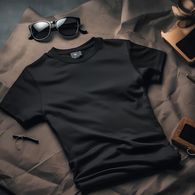 A black shirt and sunglasses are laying on a table next to a pair of sunglasses.