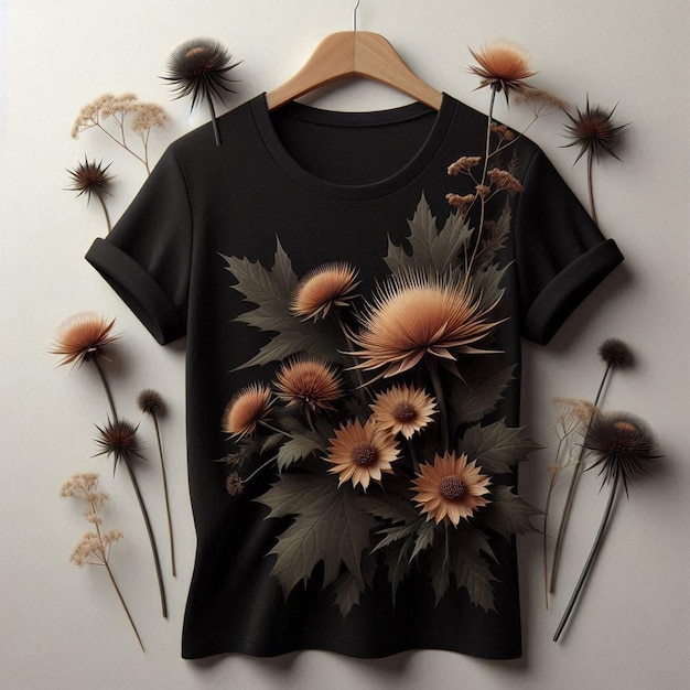 a black shirt with flowers on it is hanging on a hanger