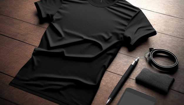 a black shirt with a pen next to it and a pen on a table