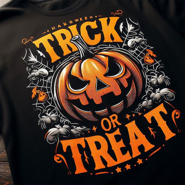 a black shirt with a pumpkin on it that says halloween or treat