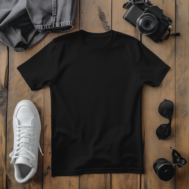 a black shirt with a t shirt on the front is on a wooden floor