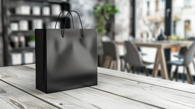 A black shopping bag is placed on a white wooden table in a room mockup