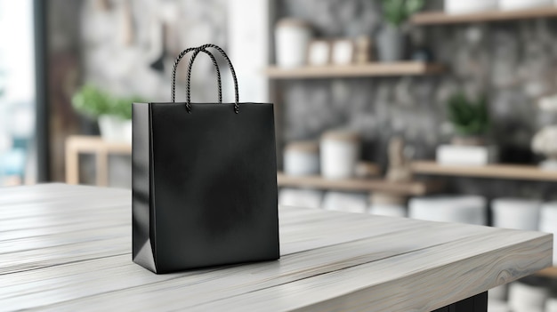 A black shopping bag is placed on a white wooden table in a room mockup