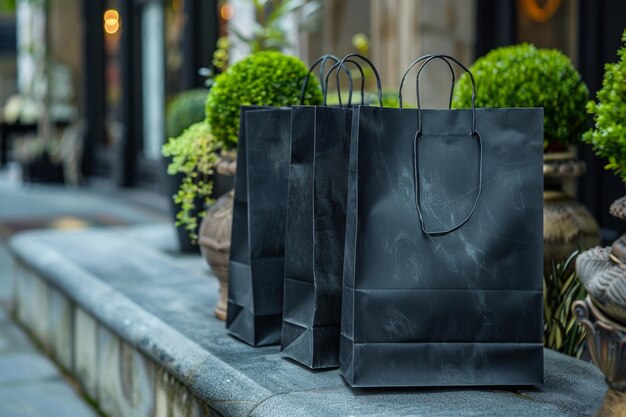 Black Shopping Bags on Stone Ledge