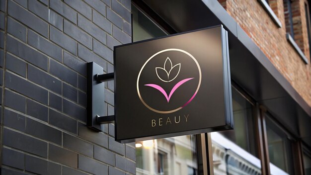 a black sign for beauty salon with a pink flower on it