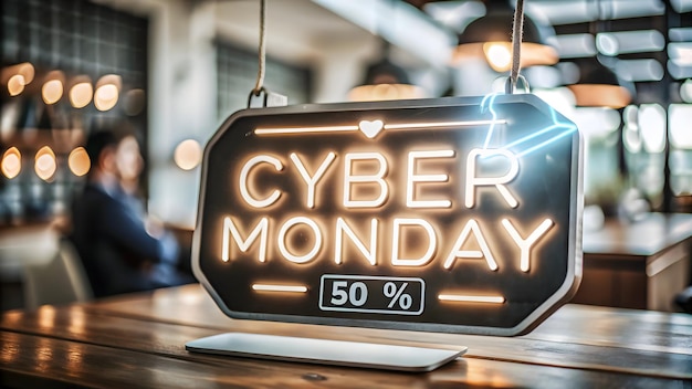 a black sign that says cyber monday on it