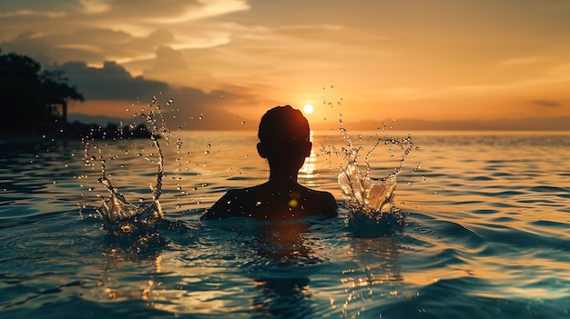 Black silhouette of asian woman splash water on summer vacation holiday relaxing in Generative AI