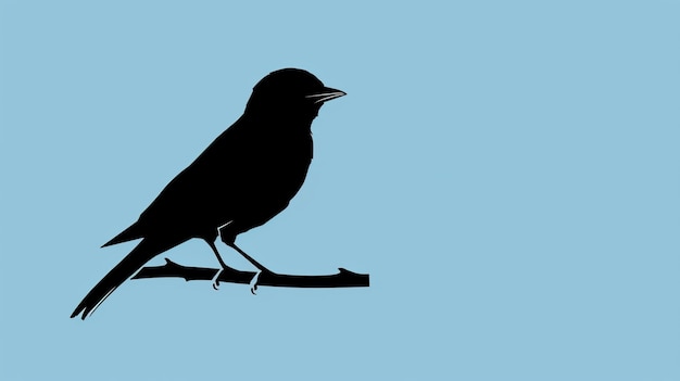 A black silhouette of a bird perched on a branch against a light blue background