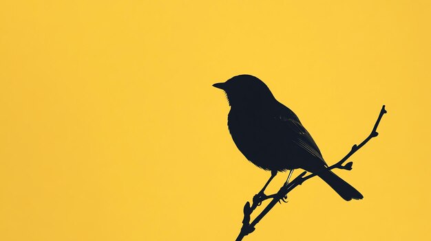 Photo a black silhouette of a bird perched on a branch against a yellow background