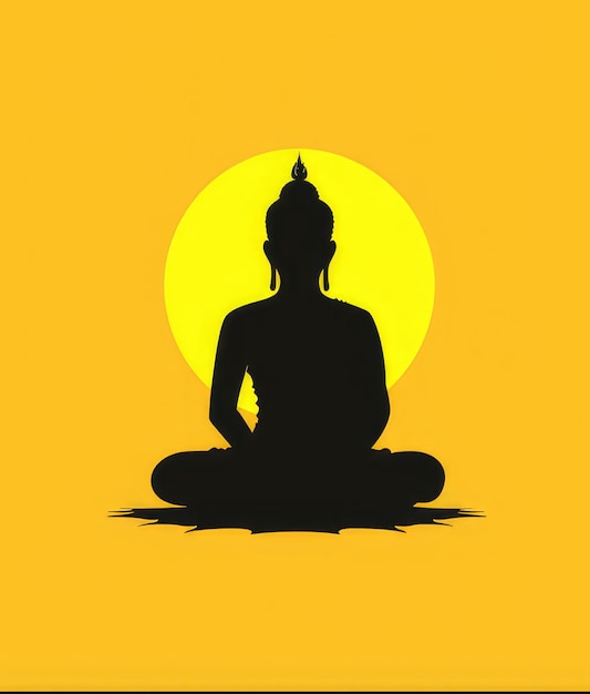 Black silhouette of Buddha in lotus position on yellow background with sun