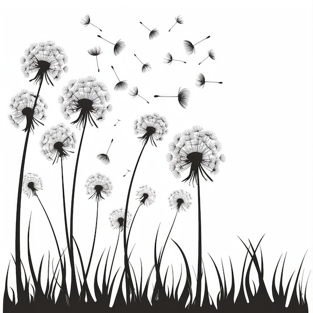 Photo a black silhouette of a dandelion bloom against a white background