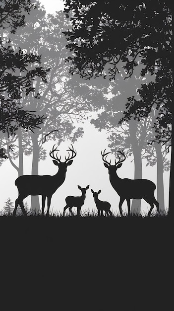 Photo black silhouette of deer family with baby and forest