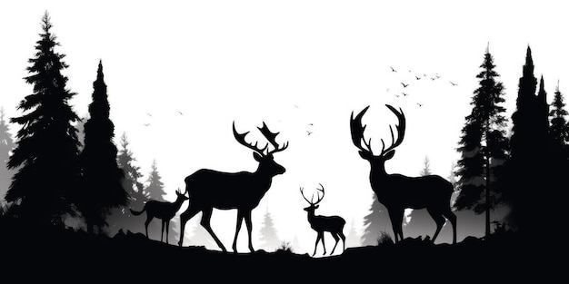 Black silhouette of deer family with baby and forest