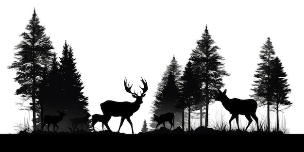 Black silhouette of deer family with baby and forest