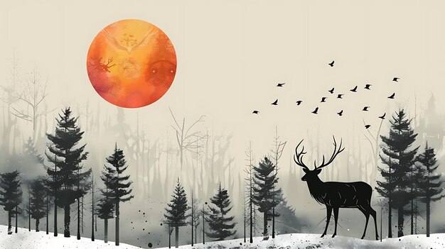 Photo a black silhouette of a deer in a snowy forest with an orange sun and a flock of birds flying overhead