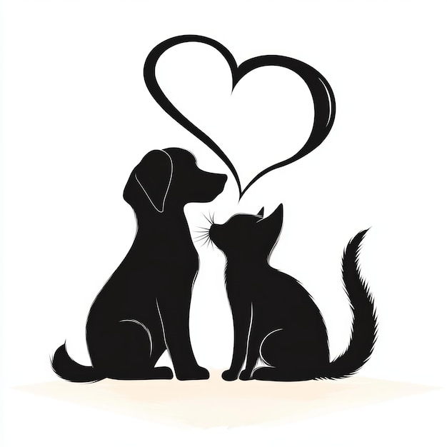 A black silhouette of a dog and a cat facing each other with a heart above them