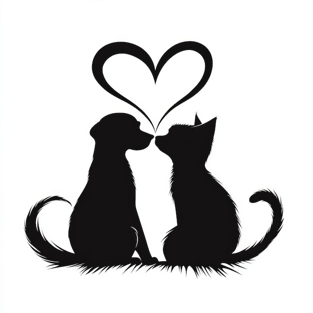 A black silhouette of a dog and a cat with a heart shape above their heads looking at each other