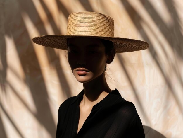 Photo black silhouette of a girl in a panama hat frame by torso themed background bright tonality in style