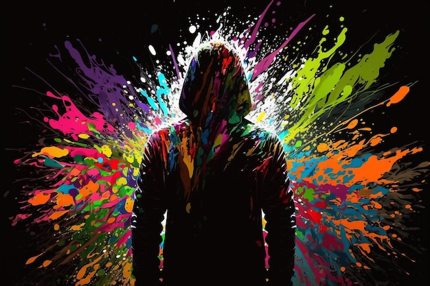 Black silhouette of a man in colorful rainbow splash of paint illustration Generative AI